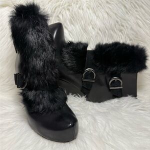 House of Harlow 1960 Rabbit Fur Heel Boots Arissa 2 Black Sz 40